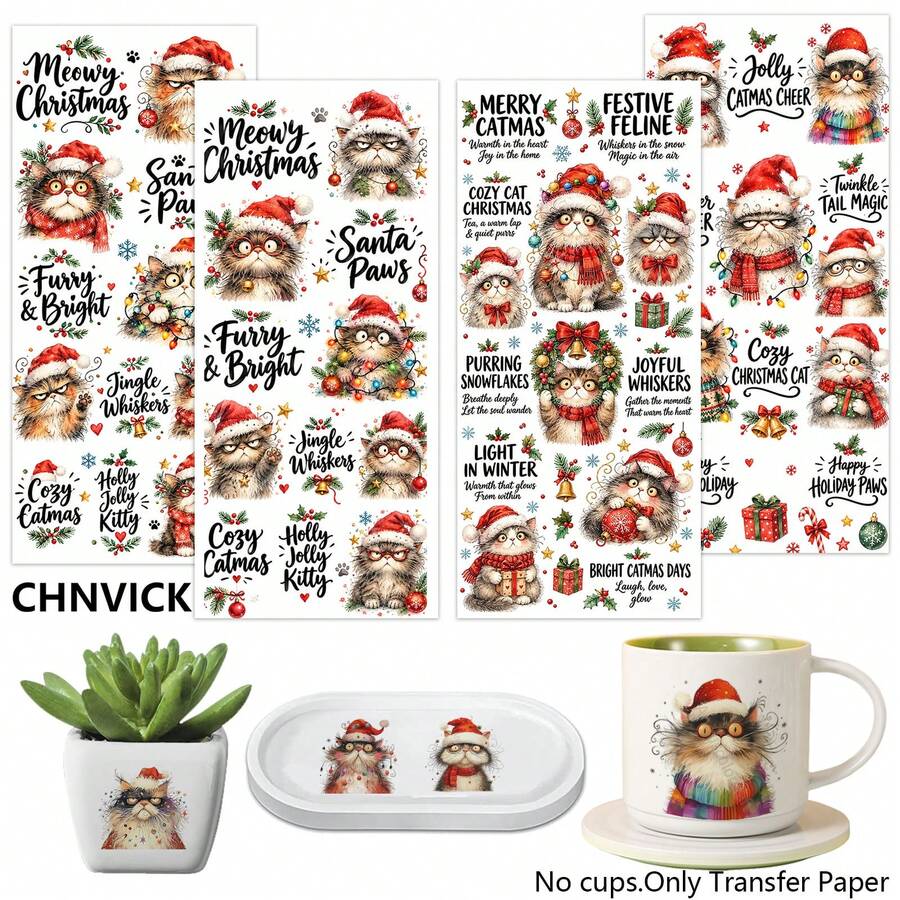 CHNVICK 4件組搞怪聖誕貓 UV DTF 轉印貼紙,可用於馬克杯、手帳與計畫本的貼貼貼,陶瓷杯、玻璃杯、電腦、計畫本適用美學文具(僅含轉印紙) - 黑色 - 查看 1