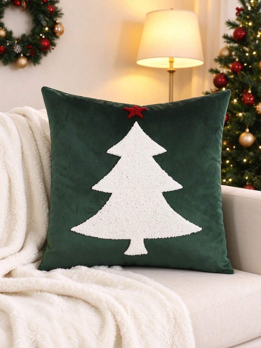 1件/2件裝聖誕綠樹毛巾刺繡拼接枕套,雪花刺繡靠墊套,節日客廳沙發軟裝裝飾枕套(不含枕芯) - 墨綠色 - 查看 1
