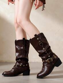 Women's Plus Size Pointed Toe Western Style Knee-High Boots, Star Metal Rivet Buckle Decor Slouchy High Shaft Boots, Chunky Square Low Heel Embroidered Tall Boots, Suitable For Daily Wear, Dating, Party, Autumn/Winter Outfits - Brown - View 8