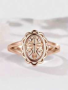 Firehoney 1pc Women's Ring, Silver Metal Cross Embossed Petal Shape, Exquisite Vintage Versatile Ring, Autumn Style Daily Party Gathering Outfit - Multicolor - View 15