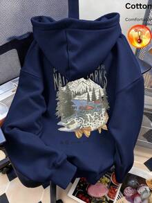 Men's Hooded Sweatshirt, Thermal Lined Long Sleeve Loose Fit, Mountain & Fish Pattern, Casual Versatile Style For Autumn/Winter - Navy - View 2