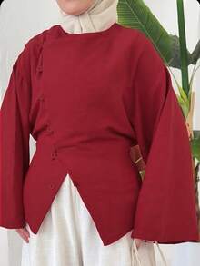 Women's Casual Daily Round Neck Long Sleeve Top, Solid Color With Back Tie And Front Button Closure - Red - View 8