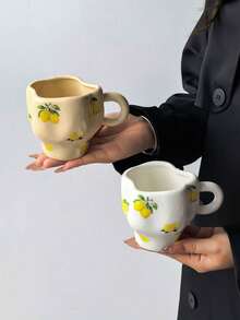 1 buah Mug Kopi Keramik Motif Bunga Lemon, Gaya French Ins yang Sangat Menarik untuk Penggunaan di Rumah, Mug Wanita, Kapasitas Besar Cocok untuk Berbagai Kopi, Susu, Air Minum Tamu/Keluarga, Komersial, Hadiah - MultiWarna - View 4