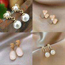 12pcs Women's Vintage French Style Premium Pearl Earrings, Luxury Elegant Stud Earrings Set - Yellow Gold - View 3