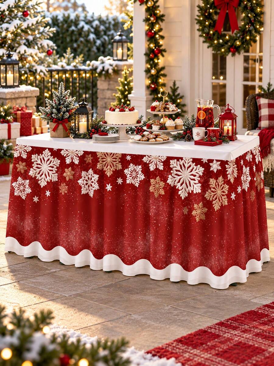1pc Christmas Table Skirt, Red White Snowflake Print Polyester Ruffled Round Table Cover, Festive Decorative Table Skirting For Dining Table, Dessert Table, Buffet, Xmas Party, Holiday Dinner, Winter Home Decor - C - View 1
