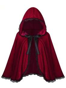 1pc Women's Gothic Velvet Hooded Cape, Red Little Red Riding Hood Cosplay Cloak, Lace Trim Contrast, Suitable For Halloween And Christmas Parties - Multicolor - View 20