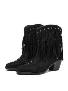 DENGWEISI Black Ruched Rivet Tassel Chunky Heel Square Toe Punk Western Boots Comfortable Versatile Street Style All Season Office Commute Daily Vacation Bohemian European American Fashion Women's Ankle Boots - Black - View 2