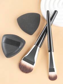 2pcs Tongue-Shaped Foundation Brushes With 2pcs Triangle Makeup Sponges Set, Suitable For Base Makeup, Mud Mask Application, Home Skincare, Makeup Touch-Ups, Multi-Use Beauty And Skincare Tool - Black - View 1