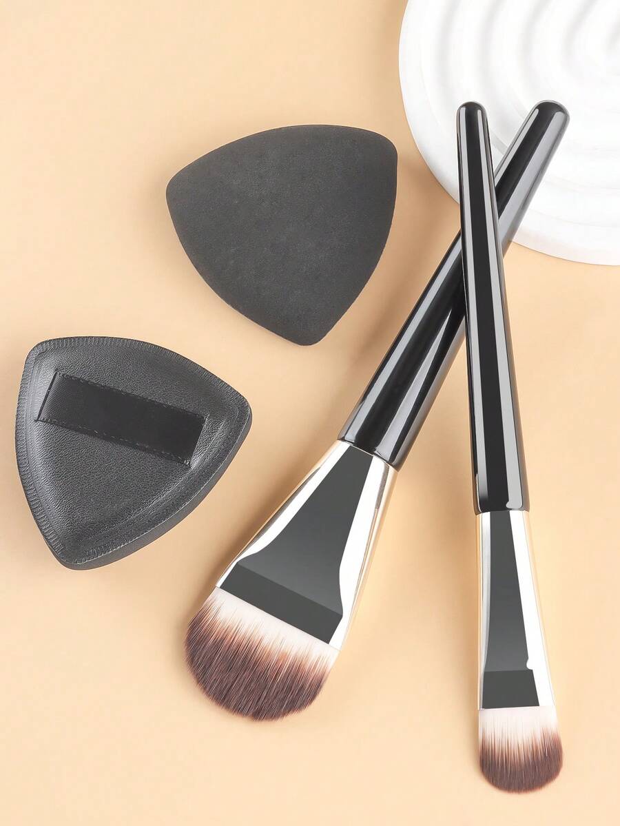 2pcs Tongue-Shaped Foundation Brushes With 2pcs Triangle Makeup Sponges Set, Suitable For Base Makeup, Mud Mask Application, Home Skincare, Makeup Touch-Ups, Multi-Use Beauty And Skincare Tool - Black - View 1