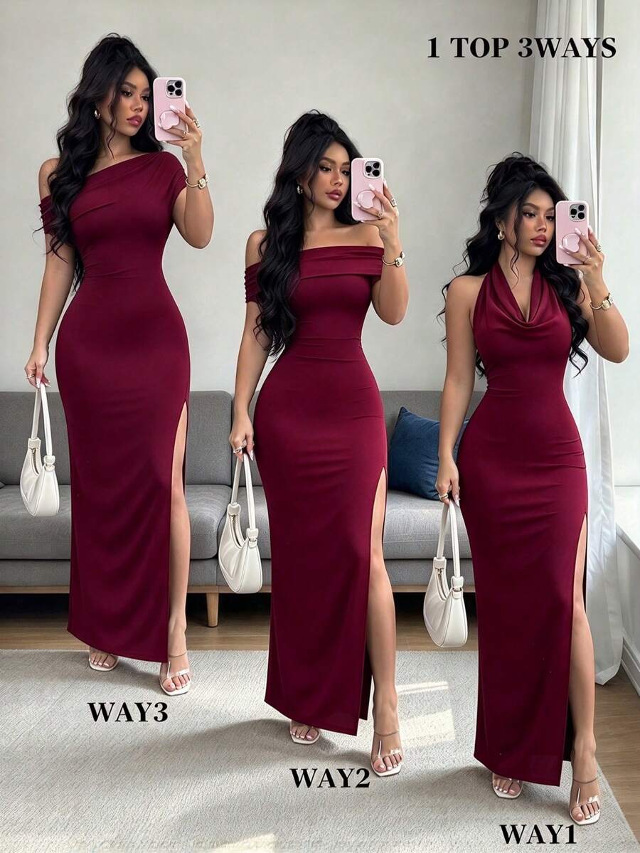Women Long Dresses - Wine Red - View 1