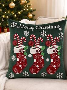 Miater 1件/2件裝聖誕糖果襪毛巾刺繡枕套，Merry Christmas雪花刺繡靠墊套，客廳沙發節日裝飾枕套，不含枕芯 - 墨綠色 - 查看 2