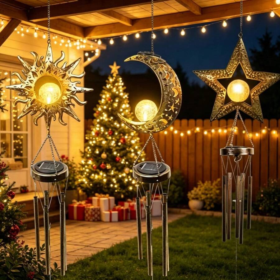 Lonceng Angin Tenaga Surya Berbentuk Matahari, Bulan, dan Bintang - Dekorasi Luar Ruangan Tahan Cuaca, Cocok untuk Taman, Beranda, dan Teras, Lonceng Angin dengan Lampu LED dan Sensor Kontrol Cahaya Otomatis - Lonceng angin tenaga surya - View 1