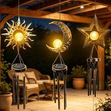 Lonceng Angin Tenaga Surya Berbentuk Matahari, Bulan, dan Bintang - Dekorasi Luar Ruangan Tahan Cuaca, Cocok untuk Taman, Beranda, dan Teras, Lonceng Angin dengan Lampu LED dan Sensor Kontrol Cahaya Otomatis - Lonceng angin tenaga surya - View 3