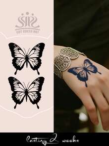 Herbal Juice Semi-Permanent Magic Tattoo Sticker, Minimalist Fashion Butterfly Pattern, Long-Lasting 14 Days, Non-Fading, Non-Reflective, Temporary Tattoo Sticker For Hand Back, Wrist, Leg, Body, 1pc/Pack - Blue - View 1