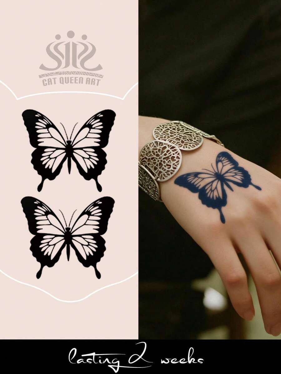 Herbal Juice Semi-Permanent Magic Tattoo Sticker, Minimalist Fashion Butterfly Pattern, Long-Lasting 14 Days, Non-Fading, Non-Reflective, Temporary Tattoo Sticker For Hand Back, Wrist, Leg, Body, 1pc/Pack - Blue - View 1