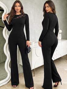 SUNSTORY Women's Autumn Long Sleeve Lace Patchwork Fitted Jumpsuit, Suitable For Party, Disco, Night Out, Wedding Guest, Graduation Ceremony - Black - View 2
