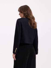 Women's Short Crew Neck Long Sleeve Old Money Style Wool Jacket - Navy Blue - View 4
