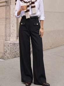 1pc Solid Color Woven Fabric Pocket Button Zipper Black Cargo Flared Pants, Breathable Non-Stuffy, Suitable For All Seasons, High Waist Flared Pants Style, Retro Flap Resin Button, Cargo Pocket, Classic Trouser Fly Structure, Textured Woven Fabric, Suitable For College, Office, Daily, Airport Wear - Black - View 5
