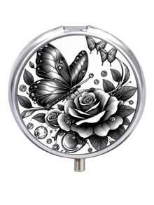 1pc Black & White Butterfly Rose Print Metal Box, Dual Compartment Convenient Round Pill Box, Multi-Functional Design, Can Store Vitamins, Capsules, Pills And Jewelry, Easy To Carry, An Exquisite Accessory - Multicolor - View 5