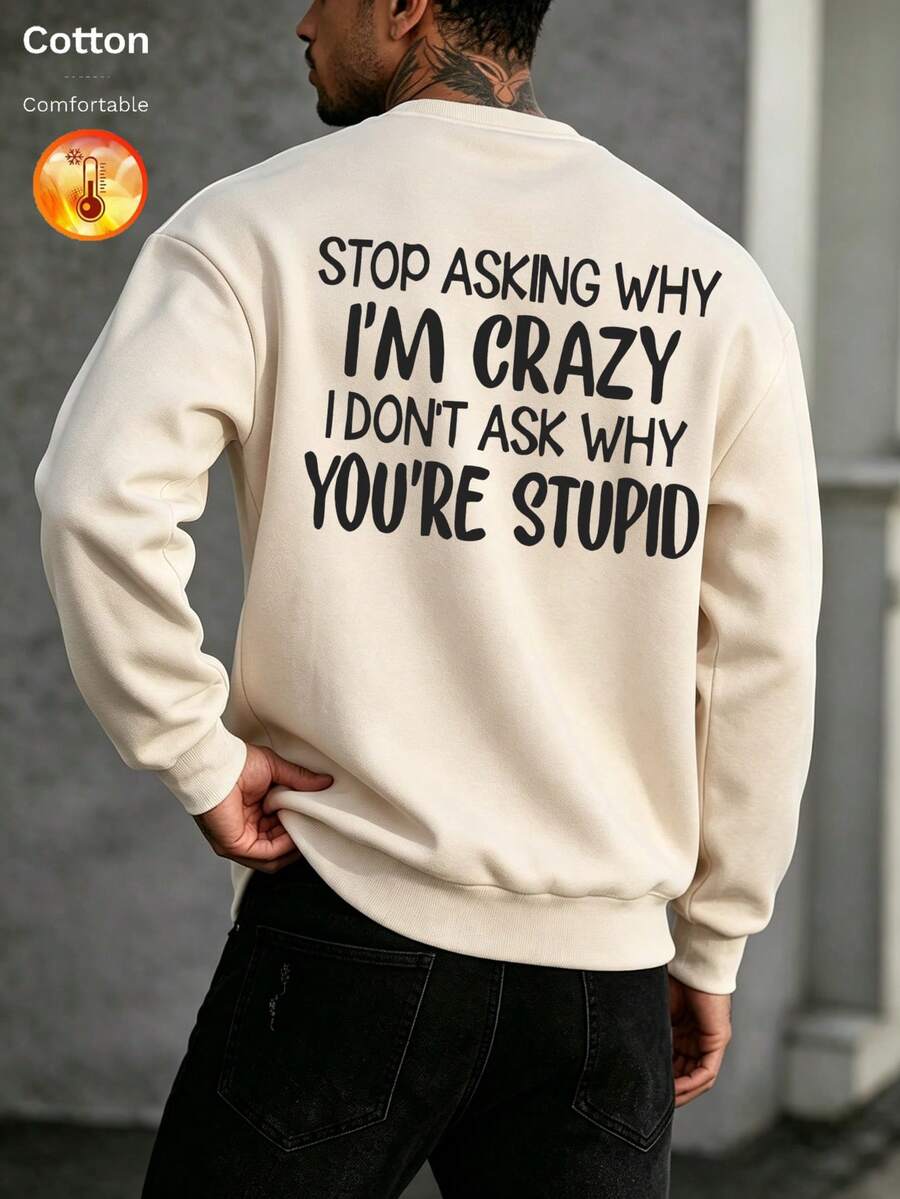Men's Autumn/Winter Thermal Lined Crew Neck Loose Fit Sweatshirt With Personalized Slogan Print - Apricot - View 1