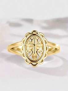 Firehoney 1pc Women's Ring, Silver Metal Cross Embossed Petal Shape, Exquisite Vintage Versatile Ring, Autumn Style Daily Party Gathering Outfit - Multicolor - View 19