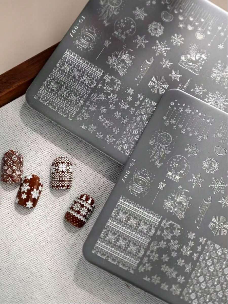 Nail Art Stamping Plates, Christmas Snow Scene, High-Quality Stainless Steel Transfer Templates, Multi-Pattern Etched Stamping Plates, Christmas Theme Designs, Suitable For Nail Salons, Home DIY, Salon Creations, Diverse And Clear Patterns - Multicolor - View 1