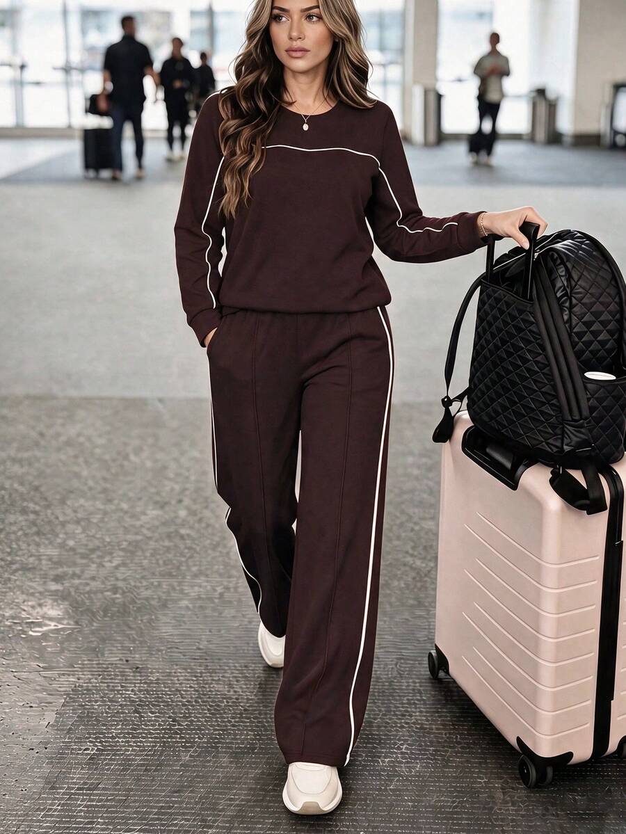 LUNNELUX Women Fall Brown Knit 2 Pieces Outfits, White Piping Round Neck Long Sleeve Top & Wide Leg Pants Set Halloween Travel Daily Tracksuit - Dark Brown - View 1