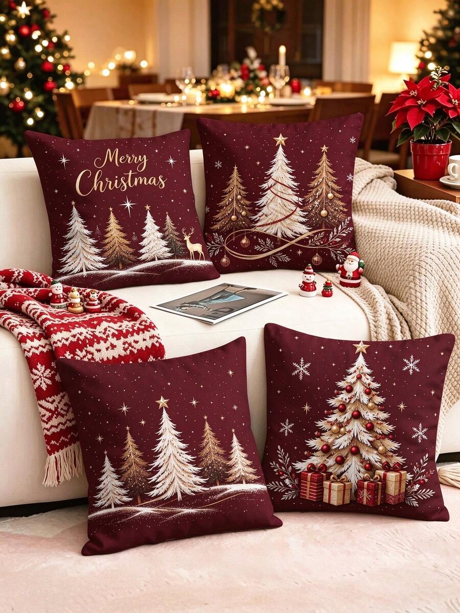 4pcs/1pc Burgundy Christmas Pillow Cover Set‑Golden Christmas Tree, Snowflake, Reindeer,Printed Cushion Covers,For Living Room Decoration, Sofa And Bedroom Decor, (Filling Not Included) Great For Christmas Decorations, Christmas Party, Home Decor - Multicolor - View 1