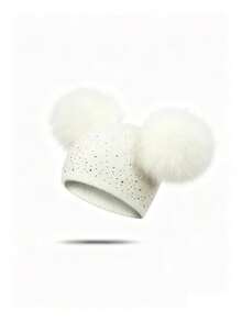 1pc Kids Solid Color Double Ball Rhinestone Knit Beanie, Fashionable Foldable Brim Cold Weather Hat - White - View 1