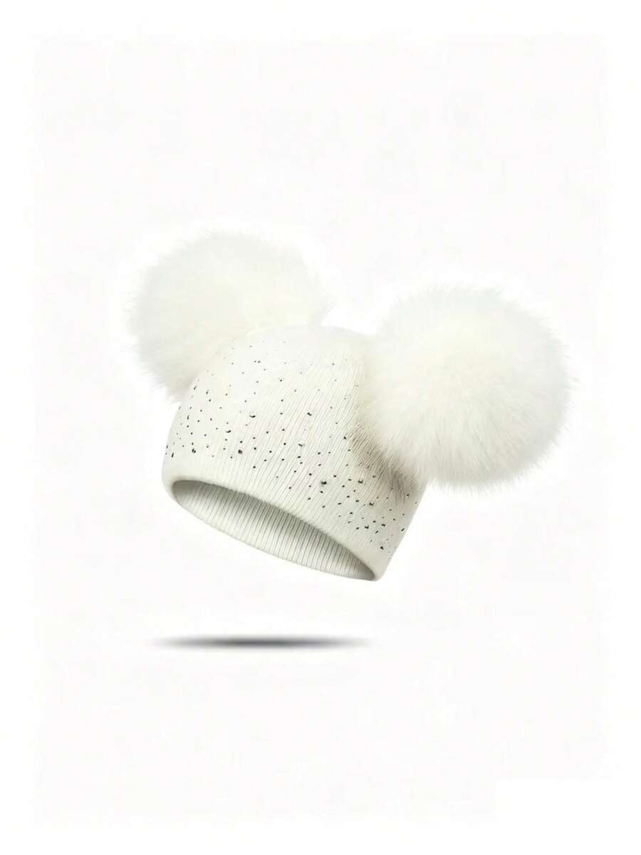 1pc Kids Solid Color Double Ball Rhinestone Knit Beanie, Fashionable Foldable Brim Cold Weather Hat - White - View 1
