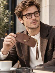 1pc Vintage PU Leather Glasses Case With Wrist Strap Snap Button Portable Eyeglass Holder Soft Fashion Glasses Storage Pouch For Men Daily Travel Office - Multicolor - View 1