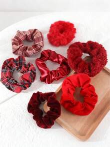 7pcs Multi-Material Scrunchies Set, Faux Rabbit Fur, Satin, Corduroy, Plaid Hair Ties, High Elasticity, No-Crease, Daily Hair Styling For Women - Multicolor - View 1