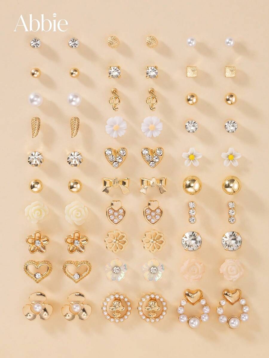 30對極簡風女款耳釘耳環套組,心形亮面仿珍珠、花朵、蝴蝶結不重複組合,適合日常配戴與派對,珠寶禮物 - 金黃色 - 查看 1