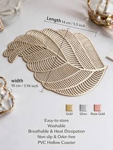 1pc Luxury Feather Hollow PVC Table Runner, Gold Full Feather Design Waterproof Washable Dining Table Decor Placemat - Gold - View 8