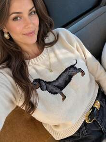 Women's Autumn/Winter Casual Retro Dachshund Graphic Sweater Fall Vacation - Beige - View 1