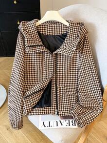 Women's Overcoat, Vintage Houndstooth Pattern, Zipper Hooded, Commute Minimalist, Casual Daily Wear, Warm And Comfortable, Autumn/Winter - Multicolor - View 8