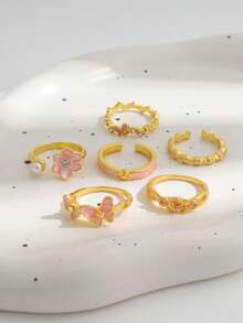 Set Cincin Tumpuk Multi-Elemen Bergaya Vintage Prancis dengan Glasir Tetes Enamel Imitasi, Motif Kupu-kupu, Bunga, Berlian Imitasi, Hati, dan Mutiara Imitasi untuk Wanita. - Emas - View 5