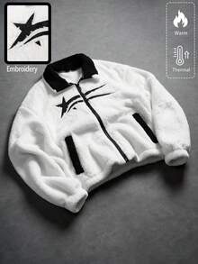 Lurzo Boys' Y2K Thick Fleece Zip-Up Cardigan Jacket, Star Embroidery + Faux Pocket Design, Warm For Autumn/Winter, Suitable For Outdoor Wear - White - View 2