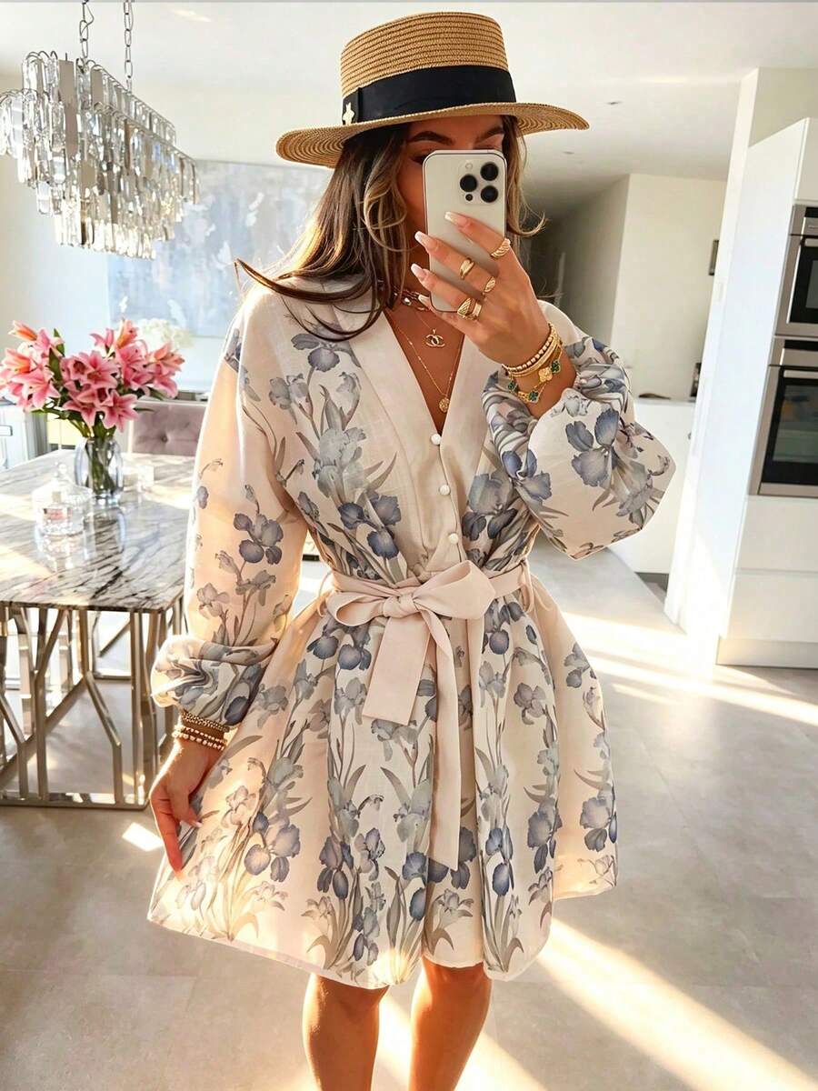 1pc Full Print Bohemian Commuter Elegant Party Knot Women's Office Street Dress - Multicolor - View 1