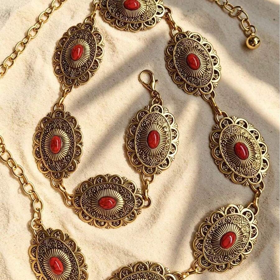 E Lady Engraved Buckle Black Textured Metal Waist Chain - Golden Red - View 1
