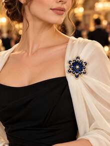 1pc Blue Multi-Layer Flower Brooch, Vintage Elegant Rhinestone Lapel Pin, Gold Tone Women's Brooch, Suit Coat Sweater Scarf Decorative Pin, Suitable For Daily Commute, Wedding Banquet And Holiday Gift - Multicolor - View 8