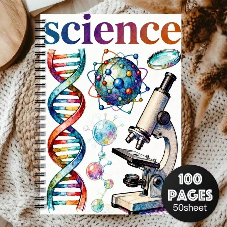 1 buah Buku Catatan Spiral Bertema Sains dengan Tabel Periodik, Heliks Ganda DNA & Model Atom - Jurnal Laboratorium untuk Siswa & Guru - Buku Harian Pembelajaran Bahasa Inggris, Perencana Penelitian, Perlengkapan, Halaman Bergaris Kosong. - Satu buku (50 halaman, 100 halaman) - View 1