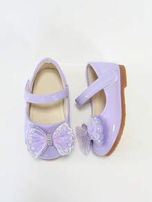 Girls Purple Shiny Princess Shoes With Mesh, Rhinestone Bow Decor, Low Vamp, Hook And Loop Strap, Soft Sole Dress Shoes - Purple - View 6