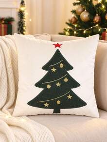 1pc/2pcs Christmas Green Tree Towel Applique Pillow Case, Snowflake Embroidered Cushion Cover, Holiday Living Room Sofa Soft Decor Pillow, Pillow Insert Not Included - Multicolor - View 2