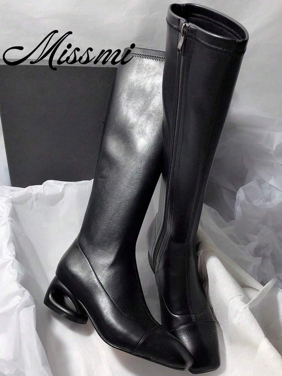 Women's Square Toe Chunky Heel Side Zipper Casual Patchwork Suede Slim Minimalist High Heel Tall Boots - Black - View 1