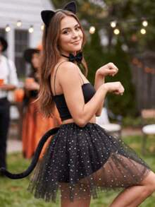 4pcs Black Cat Cosplay Costume, Suitable For Halloween, Theme Party - Set Includes Tutu, Tail, Bow Tie And Headband, Perfect For Cosplay, Costume Party, Carnival And Other Occasions. Cat Themed Costume Accessories, Specially Designed For Stage Performance. - Multicolor - View 3