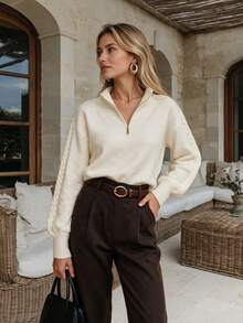 NiceArt Sweater Rajut Campuran Wol Wanita Gaya Vintage Musim Gugur/Dingin, Kerah Setengah Resleting, Lengan Panjang, Sisi Rajutan Kabel, Cocok untuk Pakaian Musim Gugur, Gaya Renaisans, Halloween - Putih - View 2