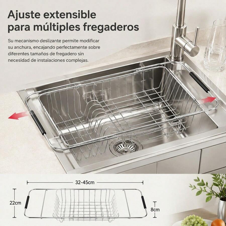 Stainless Steel Over The Sink Dish Drying Rack With Extendable Handles, Silver Metal Dish Drainer For Plates And Glasses, Kitchen Countertop Storage Basket - One Size Fits All - View 1