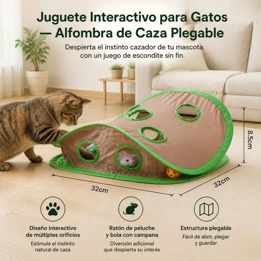 Interactive Cat Toy With Foldable Hunting Mat, Polyester Hide And Seek Rug With Holes, Includes Plush Mouse And Bell Ball, 32x32x8.5 Cm - Multicolor - View 1