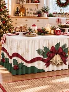 1pc Christmas Table Skirt, White Green Holly Berry Bell Bow Snowflake Print Polyester Ruffled Table Cover, Festive Decorative Table Skirting For Dining Table, Buffet, Dessert Table, Xmas Party, Holiday Dinner And Home Decor - A - View 4